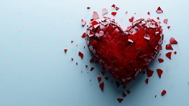 A red heart shattered into pieces on a light blue background. photo