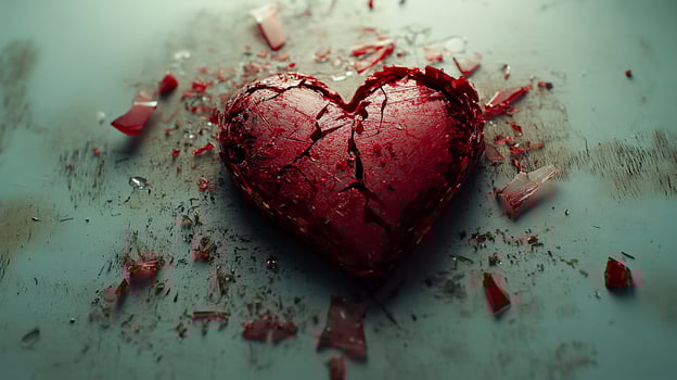 Broken red heart on a white surface with glass shards scattered around. photo
