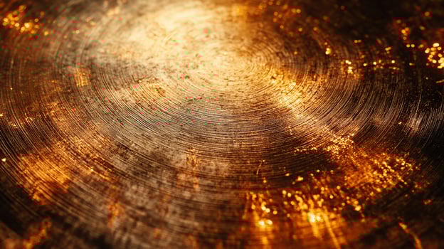 Closeup of a textured metal surface with circular patterns and a warm, glowing light in the center. photo
