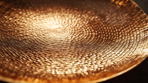 Closeup of a textured, circular, metallic surface, with a swirling pattern in the center. photo