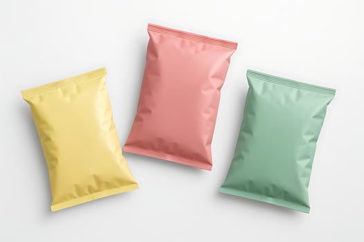 Colorful Snack Packaging Mockup with Yellow, Pink, and Green Bags on White Background photo