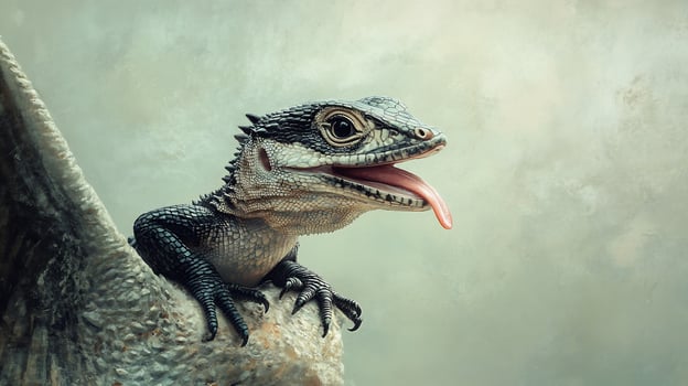 A black and white lizard with its tongue sticking out, perched on a branch. photo
