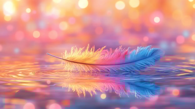 Colorful feather floating on water with bokeh lights. photo