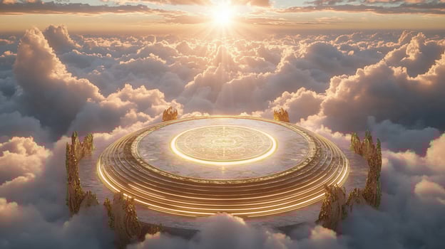 A circular platform with a golden rim, bathed in the warm glow of a setting sun, hovers above a field of clouds. photo
