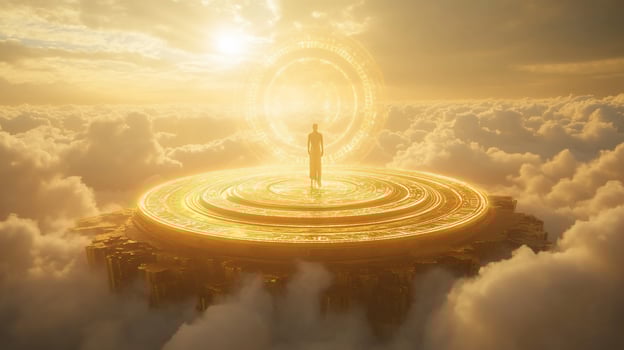 A lone figure stands on a circular platform in the clouds, bathed in golden light, with a glowing ring above. photo