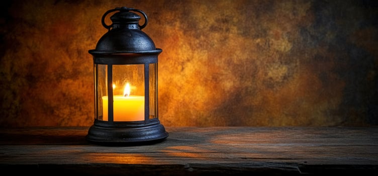 A lit candle in a lantern on a wooden table with a rustic background. photo