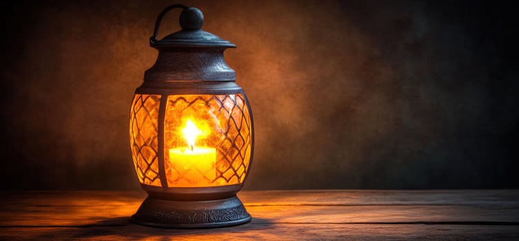 An ornate metal lantern with a lit candle inside sits on a wooden table. The lantern casts a warm glow on the table and the surrounding area, creating a cozy and inviting atmosphere. photo