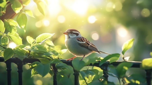 A small bird perched on a railing with a sunlit background of green leaves. photo