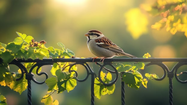 A small brown sparrow perched on a black metal fence with green foliage in the background. photo