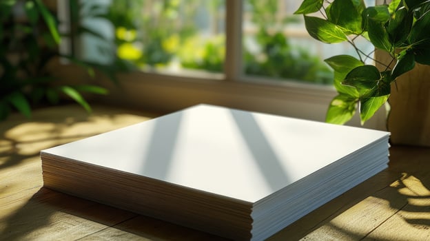 A stack of blank paper on a wooden table with natural sunlight streaming through a window. photo
