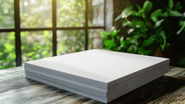 Stack of white paper on wooden table in a cafe with window and green plants. photo