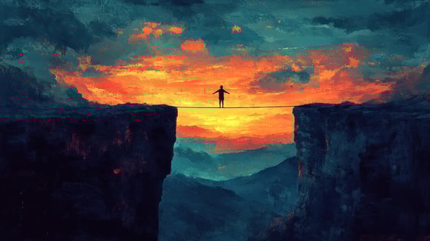 A lone figure stands on a narrow bridge connecting two mountain cliffs, bathed in a vibrant sunset, symbolizing the fragility of hope and the challenge of navigating uncertain paths. photo