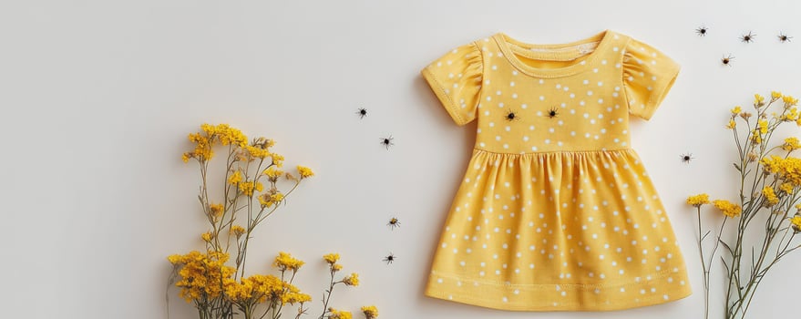 Yellow polka dot dress with yellow flowers on a white background. photo