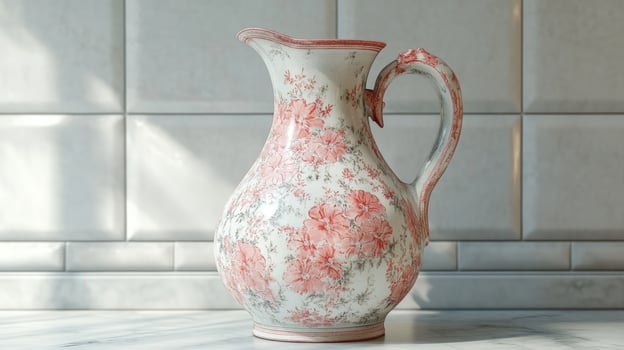 White ceramic pitcher with pink floral pattern on white tiled background. photo