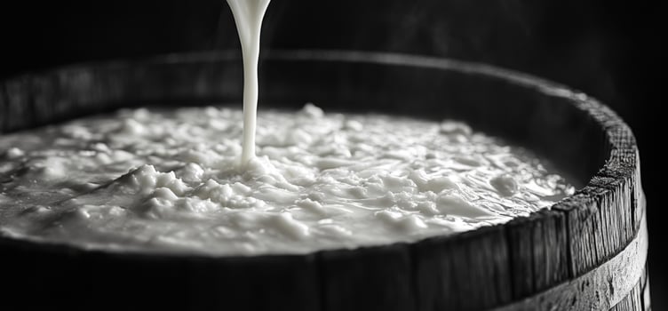 Milk pouring into a wooden barrel, creating a foamy texture. photo