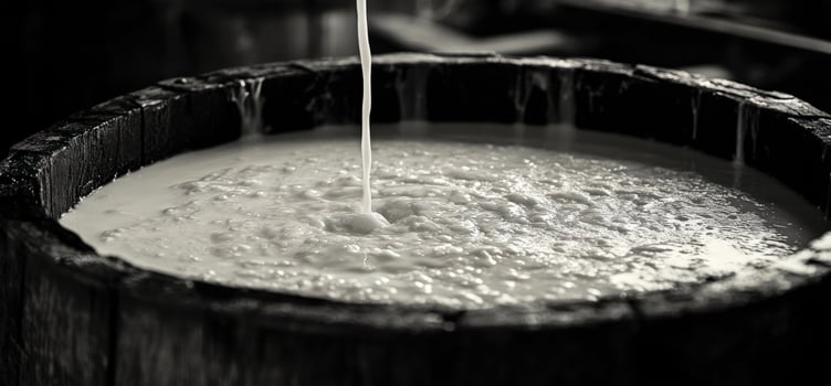 Liquid being poured into a wooden barrel. photo
