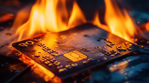 A credit card engulfed in flames, representing the consequences of debt or financial instability. photo