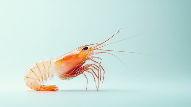 A single, cooked shrimp isolated against a light blue background. photo