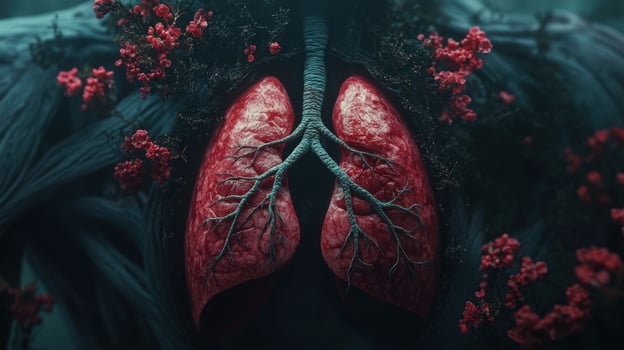 A pair of human lungs are depicted in a dark, organic setting, surrounded by vegetation and blossoms. photo