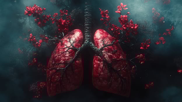 A pair of human lungs surrounded by red blossoms and smoke. photo