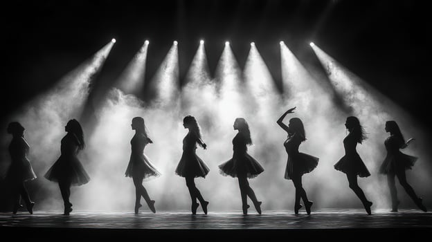 Silhouettes of dancers on stage with spotlights. photo
