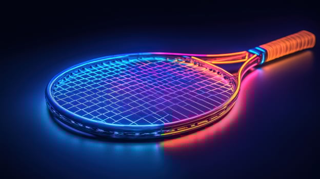 A tennis racket with neon lights in blue and pink. photo