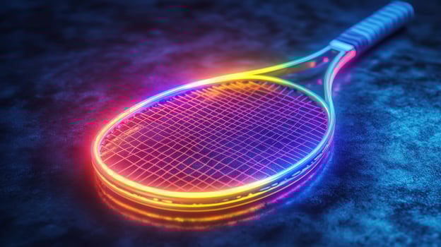 A rainbowcolored tennis racket glows on a dark surface. photo