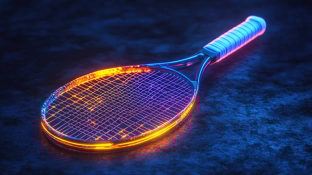 A glowing tennis racket on a dark blue background. photo