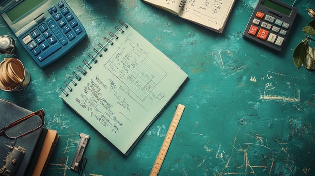 Overhead view of a workspace with a notepad, calculator, ruler, glasses, and a cup of coffee photo