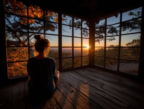 A woman sitting in a window looking out at the sunset photo