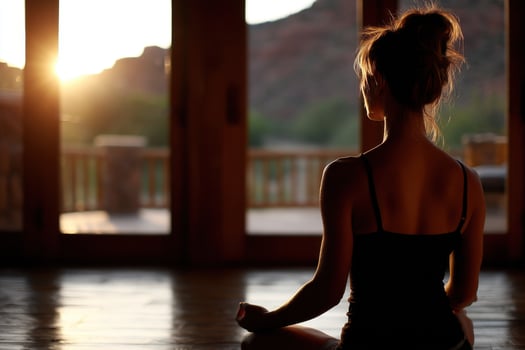 A woman sits in a yoga pose with the sun setting behind her photo