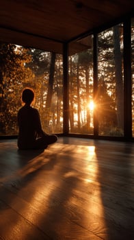 A person sitting in a room with the sun shining through the window photo