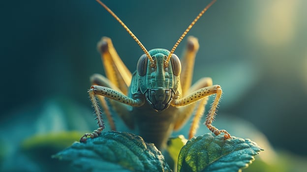 Closeup of a green grasshopper on a leaf, looking directly at the camera photo