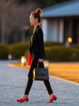 A woman walking down the street with a bag photo