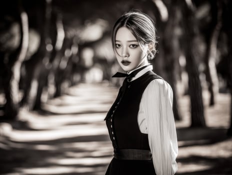 A woman in a black dress and bow tie standing in the middle of a forest photo