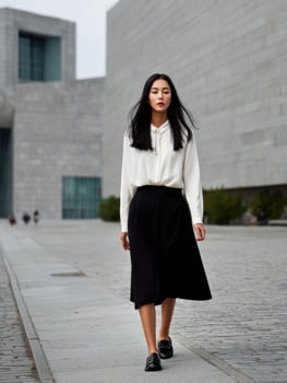A woman in a white shirt and black skirt walking down a street photo