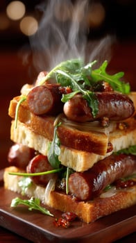 A stack of hot dogs and bread on a wooden board photo