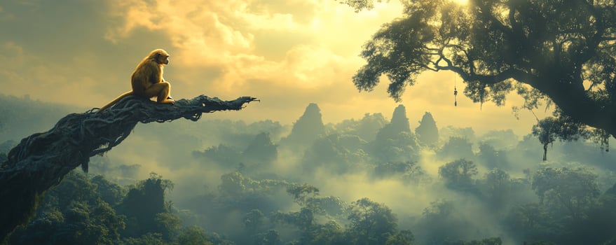Monkey sits on branch overlooking misty jungle. photo