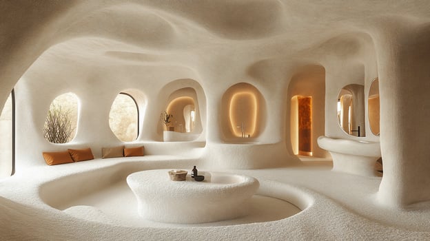 A modern, minimalist interior with white walls and organic curves. The room features a central table, a couch, and several windows. photo
