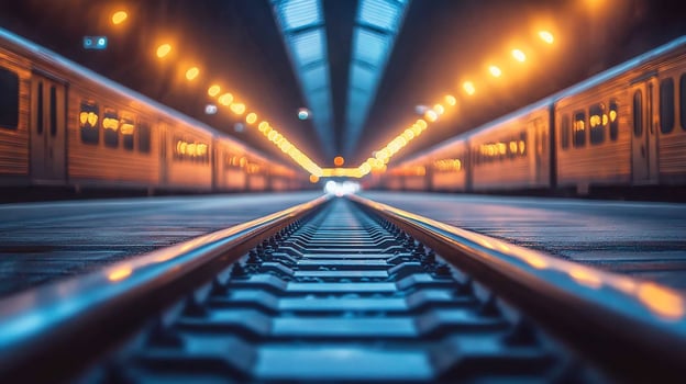 A low angle view of train tracks with trains in the distance. The tracks lead to a bright light, symbolizing hope and opportunity. photo