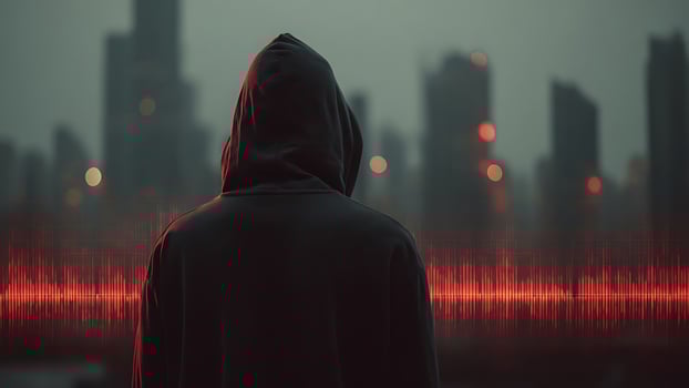 Anonymous hooded figure observing a dark city with vibrant red sound waves photo