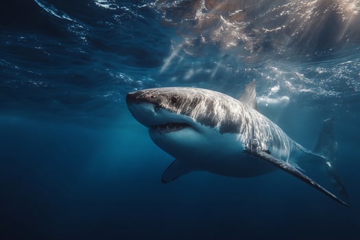 Majestic great white shark swimming just below the ocean surface with sunbeams filtering through the water. photo