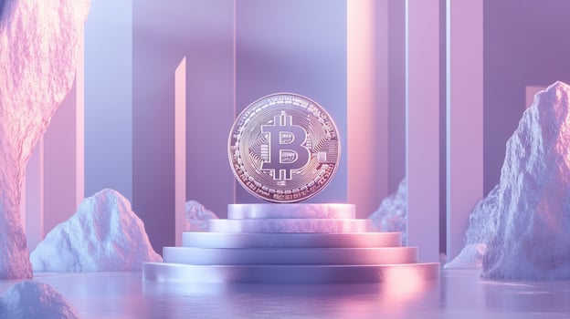 A golden Bitcoin coin sits on a marble podium surrounded by pink and purple light. photo