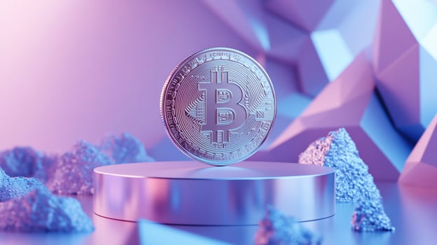 A golden bitcoin coin on a podium against a pink and blue geometric background. photo