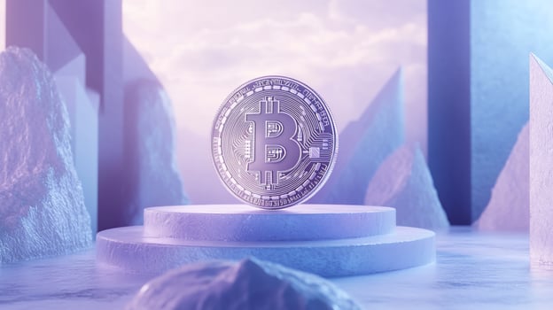 A silver Bitcoin coin on a podium surrounded by frosted geometric shapes, rendered in a pastel blue and purple setting. photo