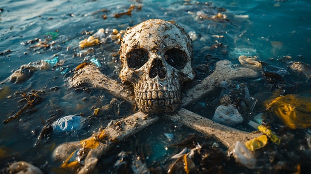 A skull and crossbones made of bones rests in a sea of plastic pollution, highlighting the danger of plastic waste to marine life. photo
