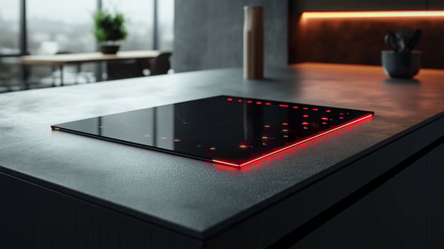 Modern induction stovetop with red light accents on a grey countertop. photo