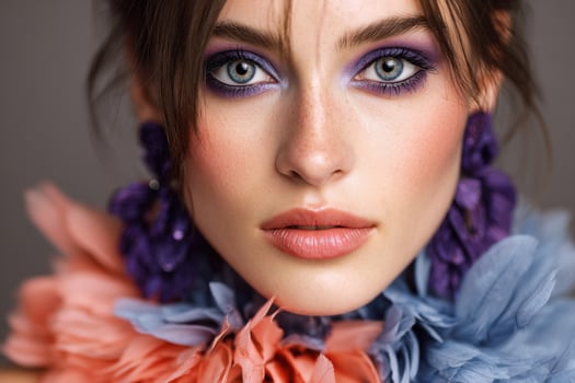 Fashion model posing with colorful feather boa and purple makeup photo