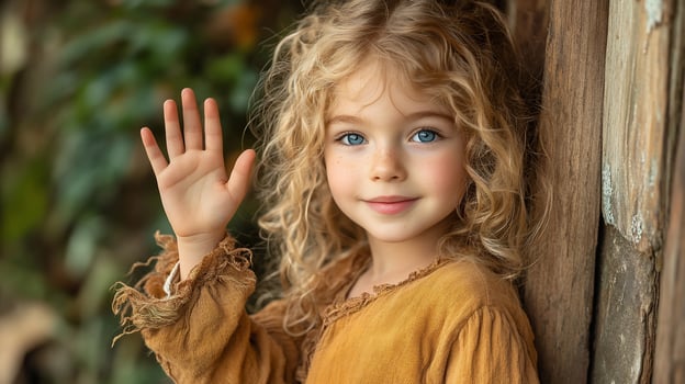A little girl with curly blonde hair and blue eyes waves hello. photo