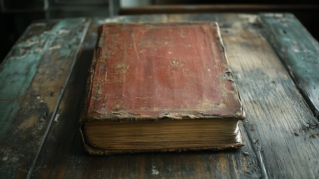 A wellworn, antique book with a red leather cover rests on a rustic wooden table. photo